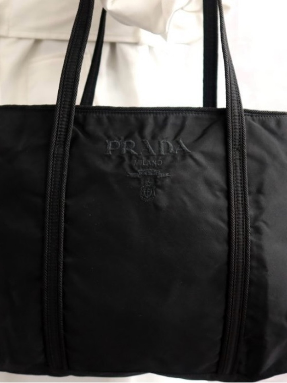 Prada Black Nylon Shoulder Tote with Embroidered Logo